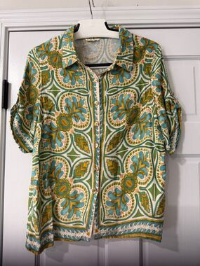 Haute Hippie Shirt Large Short Sleeve Roll Tab Button Front Linen Top